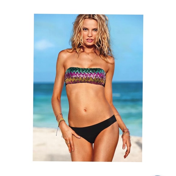 VICTORIA’S SECRET SEQUIN ZIG-ZAG SCHWARZ PAILLETTEN BANDEAU SWIM TOP BIKINI TOP - Picture 1 of 16